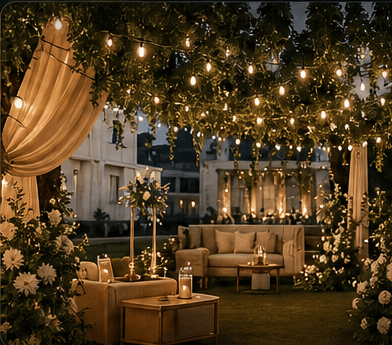 Floral event decor with warm hanging lights and a garden seating area